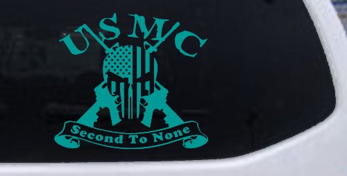 USMC United States Marine Corps Second To None Punisher Skull US Flag Crossed AR15 Guns Military Car or Truck Window Decal Sticker (Turquoise)