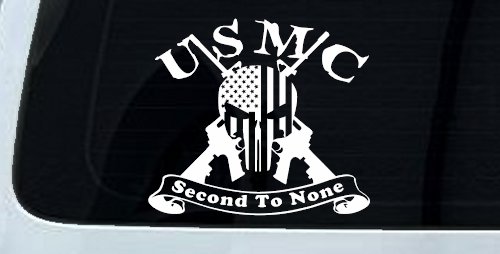 USMC United States Marine Corps Second To None Punisher Skull US Flag Crossed AR15 Guns Military Car or Truck Window Vinyl Decal Sticker (White)