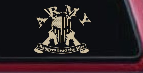 ARMY Rangers Lead the Way Punisher Skull US American Flag Crossed AR15 Guns Military Car or Truck Window Decal Sticker (Desert Sand)