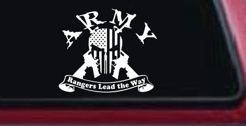 ARMY Rangers Lead the Way Punisher Skull US American Flag Crossed AR15 Guns Military Car or Truck Window Decal Sticker (White)