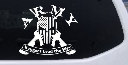 ARMY Rangers Lead the Way Punisher Skull US American Flag Crossed AR15 Guns Military Car or Truck Window Decal Sticker (White)