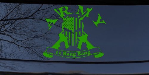 ARMY 11 Bang Bang Punisher Skull US American Flag Crossed AR15 Guns Military Car or Truck Window Vinyl Decal Sticker (Lime)