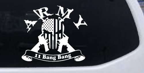 ARMY 11 Bang Bang Punisher Skull US American Flag Crossed AR15 Guns Military Car or Truck Window Decal Sticker (White)