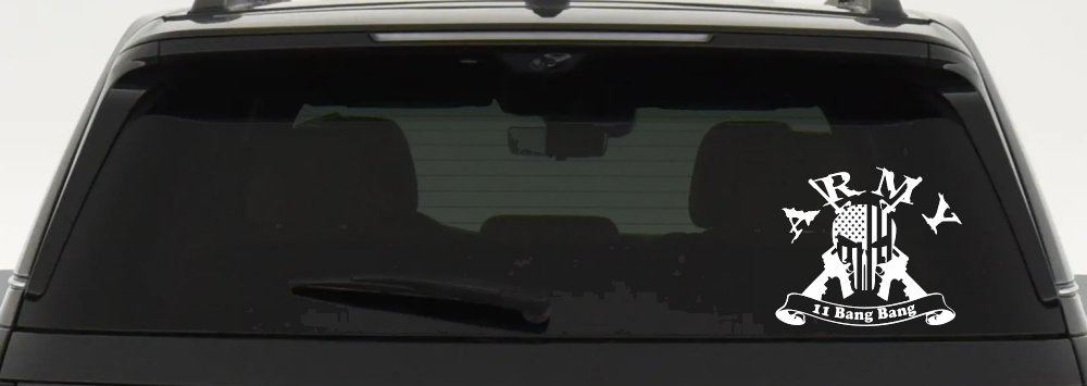 ARMY 11 Bang Bang Punisher Skull US American Flag Crossed AR15 Guns Military Car or Truck Window Vinyl Decal Sticker (White)