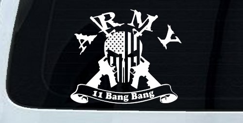 ARMY 11 Bang Bang Punisher Skull US American Flag Crossed AR15 Guns Military Car or Truck Window Vinyl Decal Sticker (White)