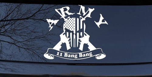 ARMY 11 Bang Bang Punisher Skull US American Flag Crossed AR15 Guns Military Car or Truck Window Decal Sticker