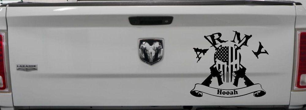 ARMY Hooah Punisher Skull US American Flag Crossed AR15 Guns Military Car or Truck Window Decal Sticker (Black)