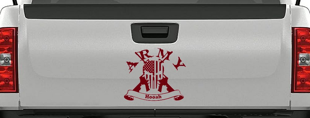 ARMY Hooah Punisher Skull US American Flag Crossed AR15 Guns Military Car or Truck Window Decal Sticker (Burgundy)