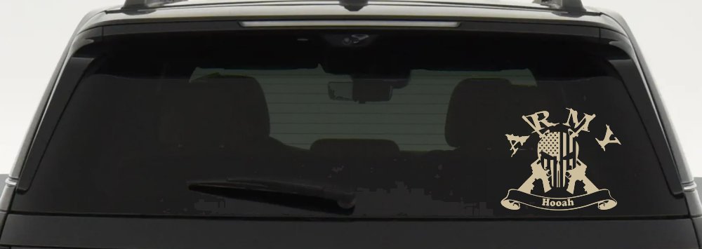 ARMY Hooah Punisher Skull US American Flag Crossed AR15 Guns Military Car or Truck Window Decal Sticker