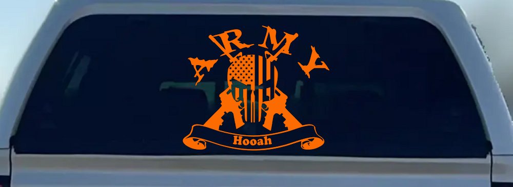 ARMY Hooah Punisher Skull US American Flag Crossed AR15 Guns Military Car or Truck Window Decal Sticker (Orange)