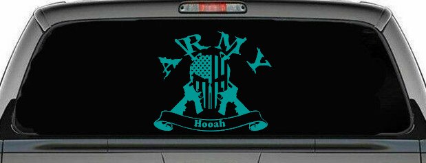 ARMY Hooah Punisher Skull US American Flag Crossed AR15 Guns Military Car or Truck Window Decal Sticker (Turquoise)