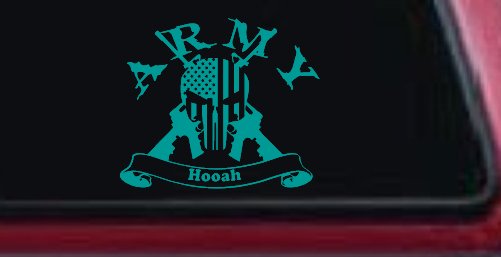 ARMY Hooah Punisher Skull US American Flag Crossed AR15 Guns Military Car or Truck Window Decal Sticker (Turquoise)