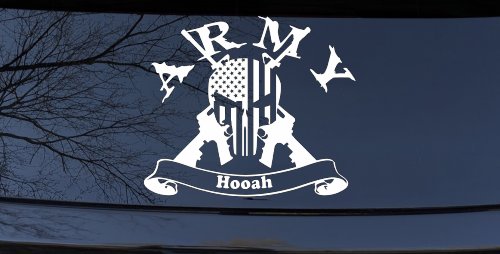 ARMY Hooah Punisher Skull US American Flag Crossed AR15 Guns Military Car or Truck Window Decal Sticker (White)