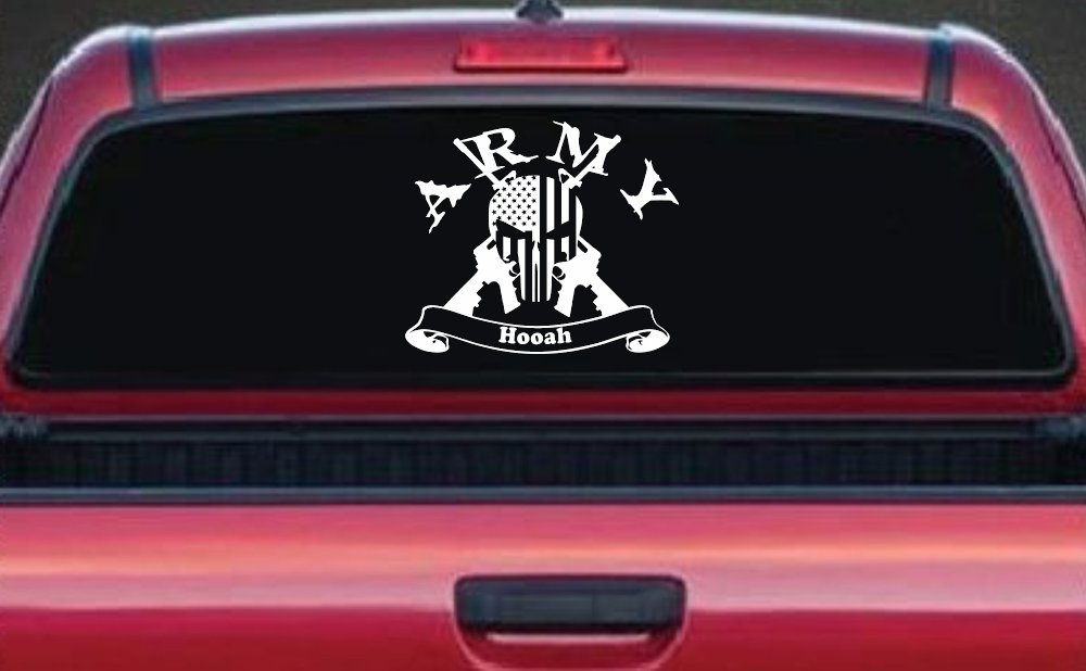 ARMY Hooah Punisher Skull US American Flag Crossed AR15 Guns Military Car or Truck Window Vinyl Decal Sticker (White)