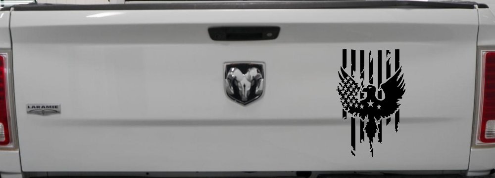 Worn Tattered American US Flag With Eagle Country Car or Truck Window Decal Sticker (Black)