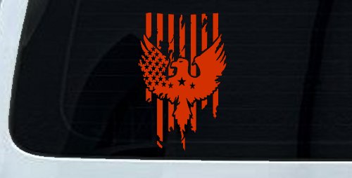 Worn Tattered American US Flag With Eagle Country Car or Truck Window Decal Sticker (Orange Red)