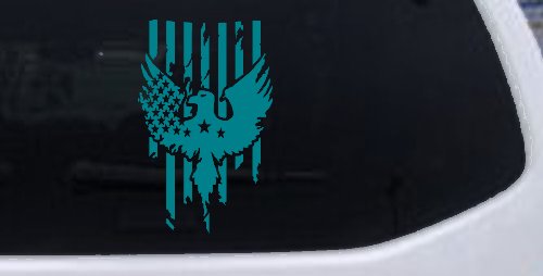 Worn Tattered American US Flag With Eagle Country Car or Truck Window Decal Sticker (Turquoise Blue)