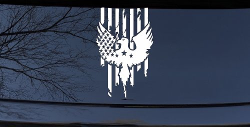 Worn Tattered American US Flag With Eagle Country Car or Truck Window Decal Sticker (White)