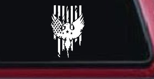 Worn Tattered American US Flag With Eagle Country Car or Truck Window Vinyl Decal Sticker (White)