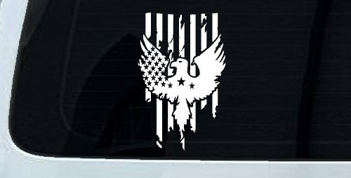 Worn Tattered American US Flag With Eagle Country Car or Truck Window Decal Sticker (White)