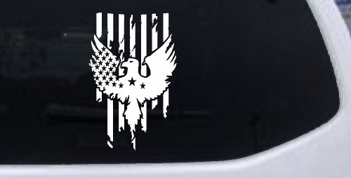 Worn Tattered American US Flag With Eagle Country Car or Truck Window Decal Sticker (White)