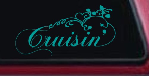 Cruisin With Swirl Hearts and Vines Car or Truck Window Vinyl Decal Sticker (Turquoise)