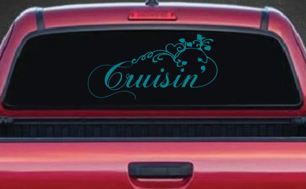 Cruisin With Swirl Hearts and Vines Car or Truck Window Vinyl Decal Sticker (Turquoise Blue)