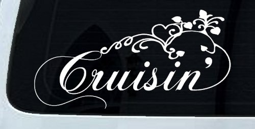 Cruisin With Swirl Hearts and Vines Car or Truck Window Decal Sticker (White)