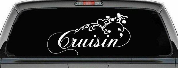 Cruisin With Swirl Hearts and Vines Car or Truck Window Decal Sticker (White)