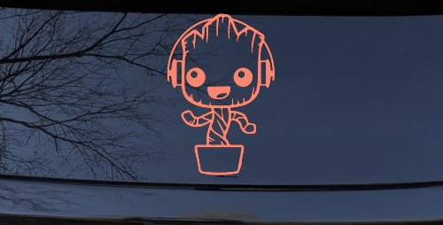 Baby Groot Dancing With Headphones Car or Truck Window Decal Sticker (Coral)