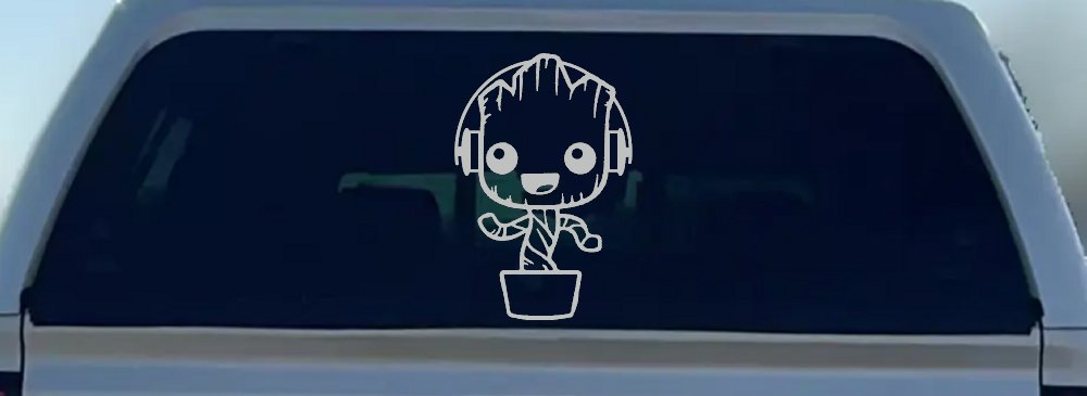Baby Groot Dancing With Headphones Car or Truck Window Decal Sticker (Light Gray)