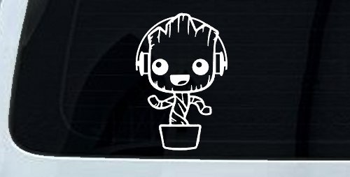Baby Groot Dancing With Headphones Car or Truck Window Decal Sticker (White)