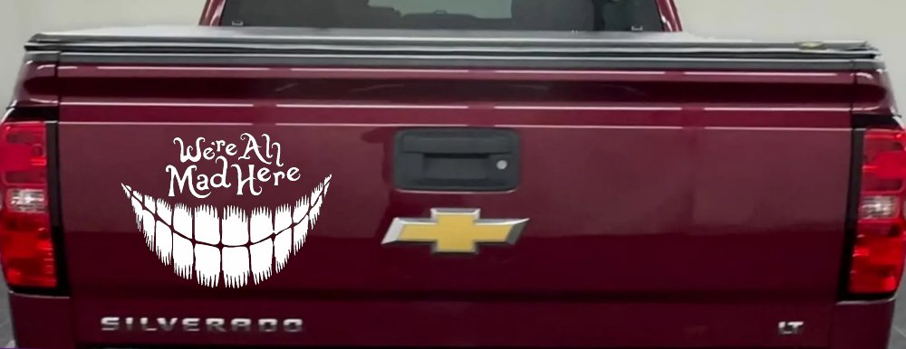 We're All Mad Here Cheshire Cat Wonderland Car or Truck Window Vinyl Decal Sticker (White)