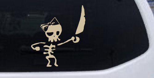 Cute Pirate Girl Skeleton with Sword and Hair Bow Skulls Car or Truck Window Vinyl Decal Sticker (Desert Sand)