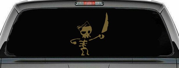 Cute Pirate Girl Skeleton with Sword and Hair Bow Skulls Car or Truck Window Vinyl Decal Sticker (Gold)
