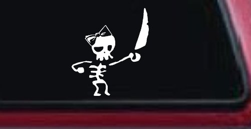 Cute Pirate Girl Skeleton with Sword and Hair Bow Skulls Car or Truck Window Decal Sticker (White)