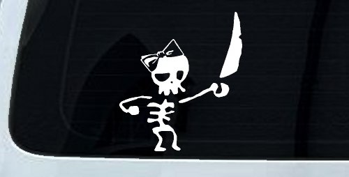 Cute Pirate Girl Skeleton with Sword and Hair Bow Skulls Car or Truck Window Decal Sticker (White)