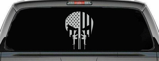 Punisher Skull US American Flag Vertical AR15 AR 15 Teeth  Military Car or Truck Window Decal Sticker (Light Gray)