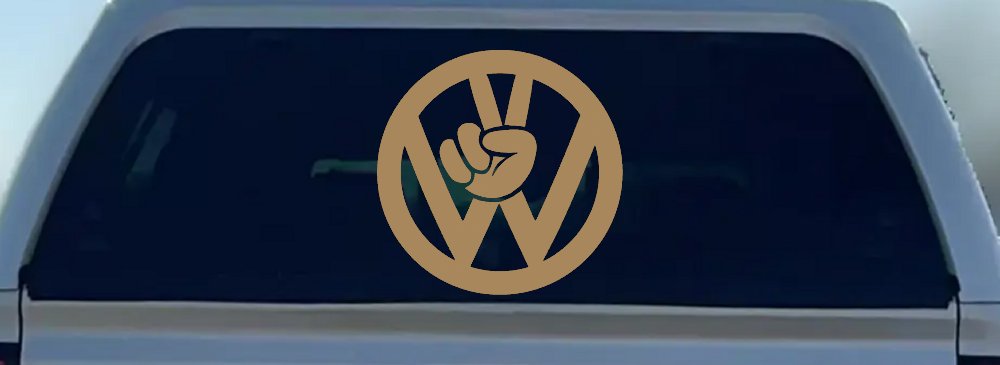 VW Volkswagen with Peace Sign Hand Car or Truck Window Decal Sticker (Light Brown)