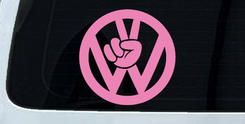 VW Volkswagen with Peace Sign Hand Car or Truck Window Decal Sticker (Pink)