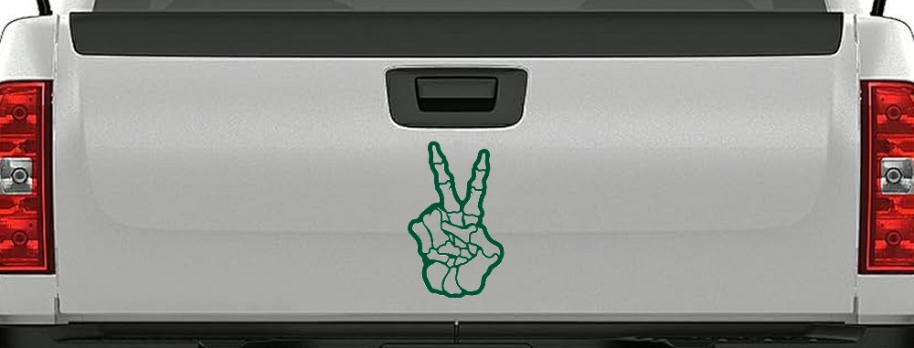 Skeleton Hand Peace Sign Car or Truck Window Decal Sticker (Dark Green)