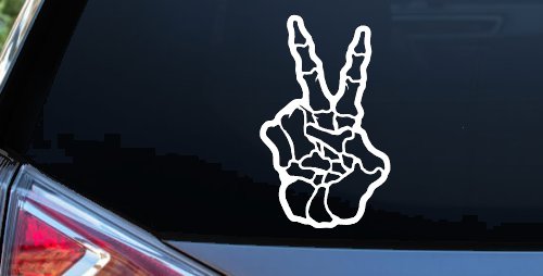 Skeleton Hand Peace Sign Car or Truck Window Vinyl Decal Sticker (White)