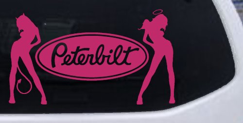 Peterbilt With  Mudflap Angel Devil Good and Bad Girls Car or Truck Window Decal Sticker (Hot Pink)
