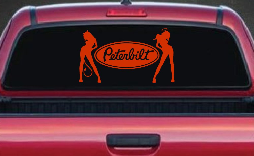 Peterbilt With  Mudflap Angel Devil Good and Bad Girls Car or Truck Window Decal Sticker (Orange Red)