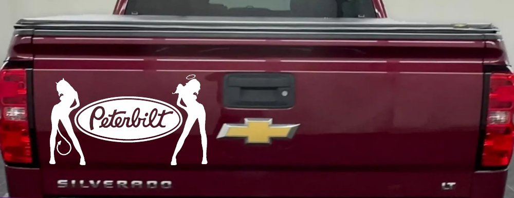 Peterbilt With  Mudflap Angel Devil Good and Bad Girls Car or Truck Window Decal Sticker (White)