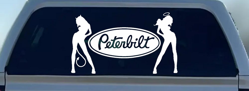 Peterbilt With  Mudflap Angel Devil Good and Bad Girls Car or Truck Window Decal Sticker (White)