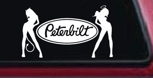 Peterbilt With  Mudflap Angel Devil Good and Bad Girls Car or Truck Window Decal Sticker (White)