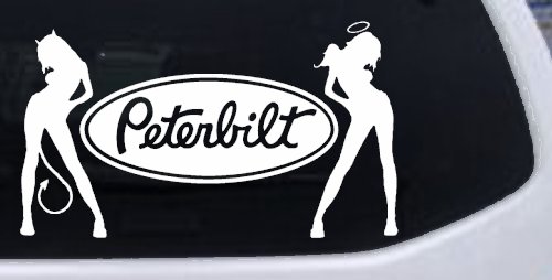 Peterbilt With  Mudflap Angel Devil Good and Bad Girls Car or Truck Window Decal Sticker (White)