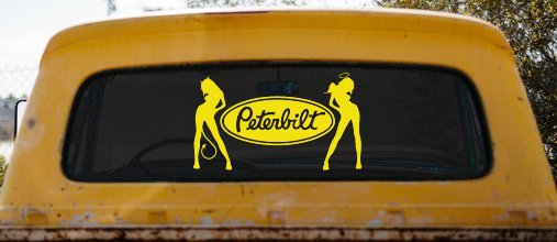 Peterbilt With  Mudflap Angel Devil Good and Bad Girls Car or Truck Window Vinyl Decal Sticker (Yellow)