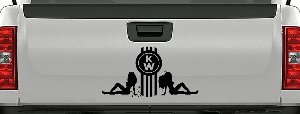 Kenworth KW with Mudflap Angel and Devil Good and Bad Girls Car or Truck Window Decal Sticker (Black)